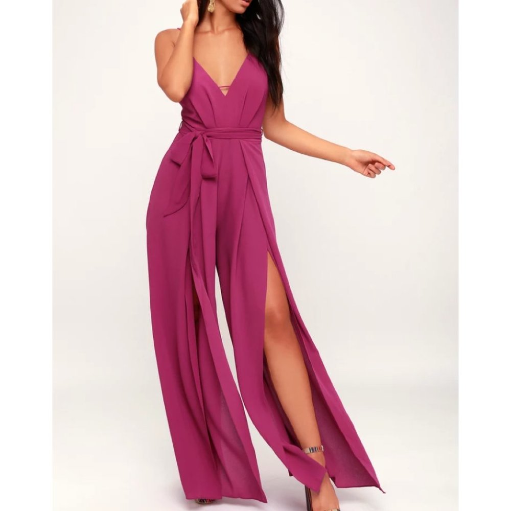 Lulu's Magenta V-neck Backless Wide-Leg Jumpsuit